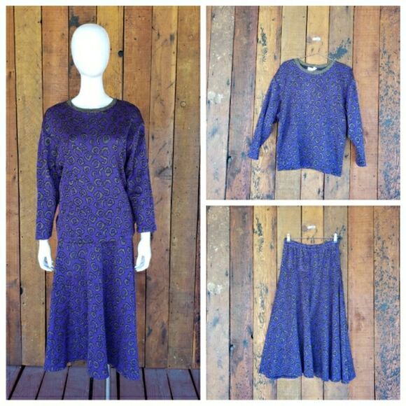 Vintage Vermillion 1960/1970's Purple Animal Print Sweater/Skirt Set - Picture 1 of 16